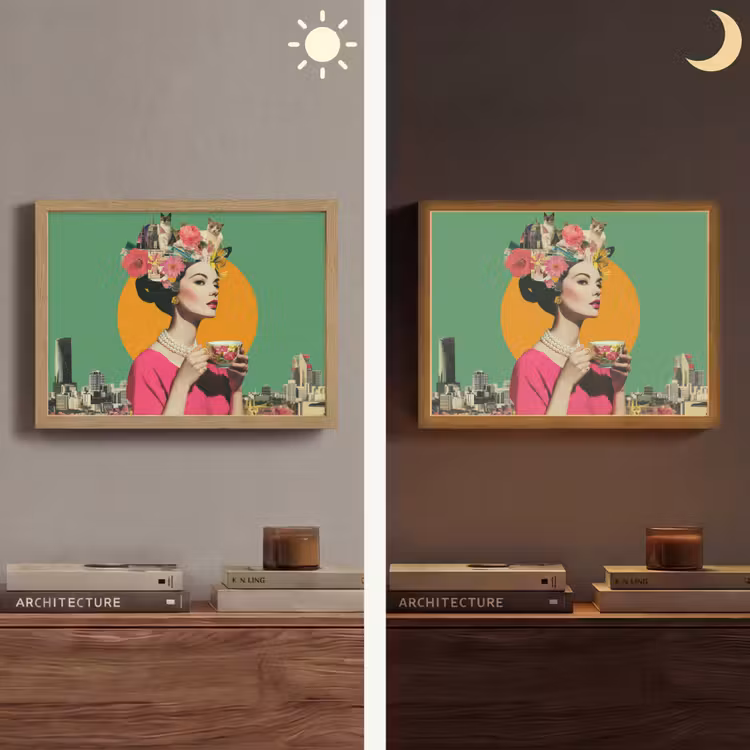 Retro - Vrouw - Stad - Zon Light Box met batterij (Wandlamp) middel -sfeer3