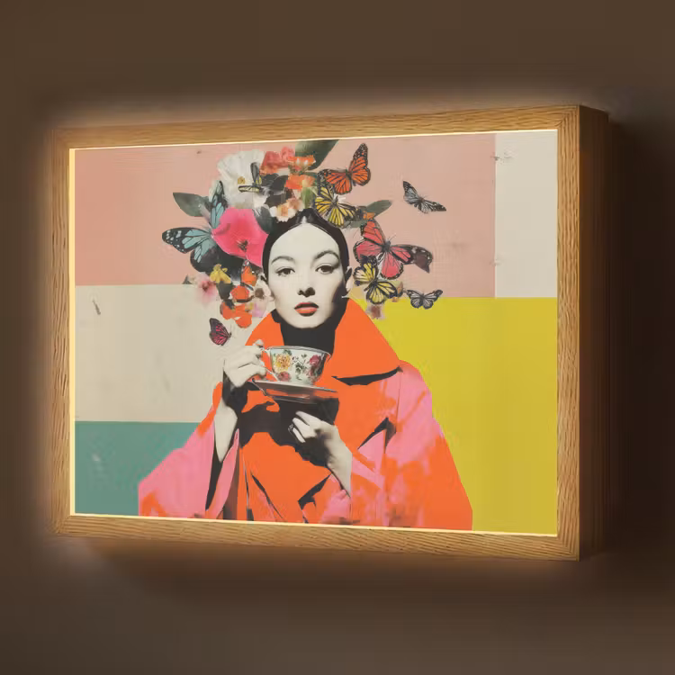 Retro - Vrouw - Kopje - Vlinders Light Box met batterij (Wandlamp) middel -z3d_website