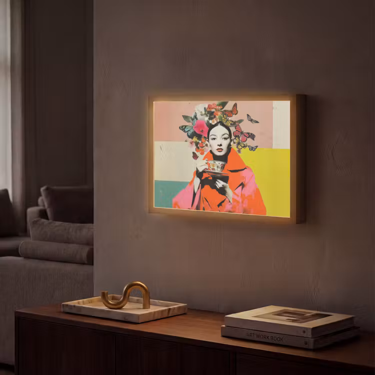 Retro - Vrouw - Kopje - Vlinders Light Box met batterij (Wandlamp) middel -sfeer1