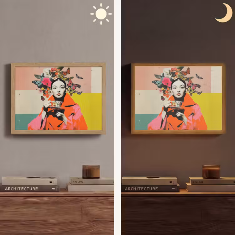 Retro - Vrouw - Kopje - Vlinders Light Box met batterij (Wandlamp) middel -sfeer3
