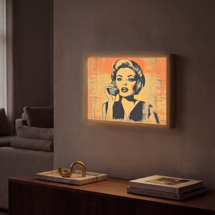 Retro - Vrouw - Koptelefoon - Oranje Light Box met batterij (Wandlamp) middel -sfeer1