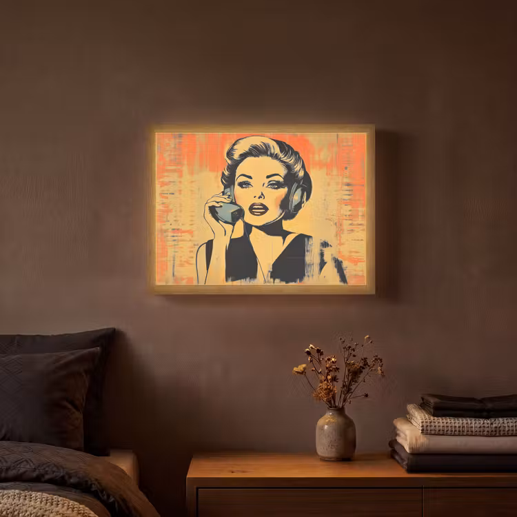 Retro - Vrouw - Koptelefoon - Oranje Light Box met batterij (Wandlamp) middel -sfeer4