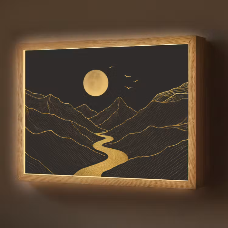 Rivier - Goud - Maan - Vogels Light Box met batterij (Wandlamp) middel -z3d_website