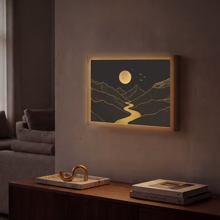 Rivier - Goud - Maan - Vogels Light Box met batterij (Wandlamp) middel -sfeer1