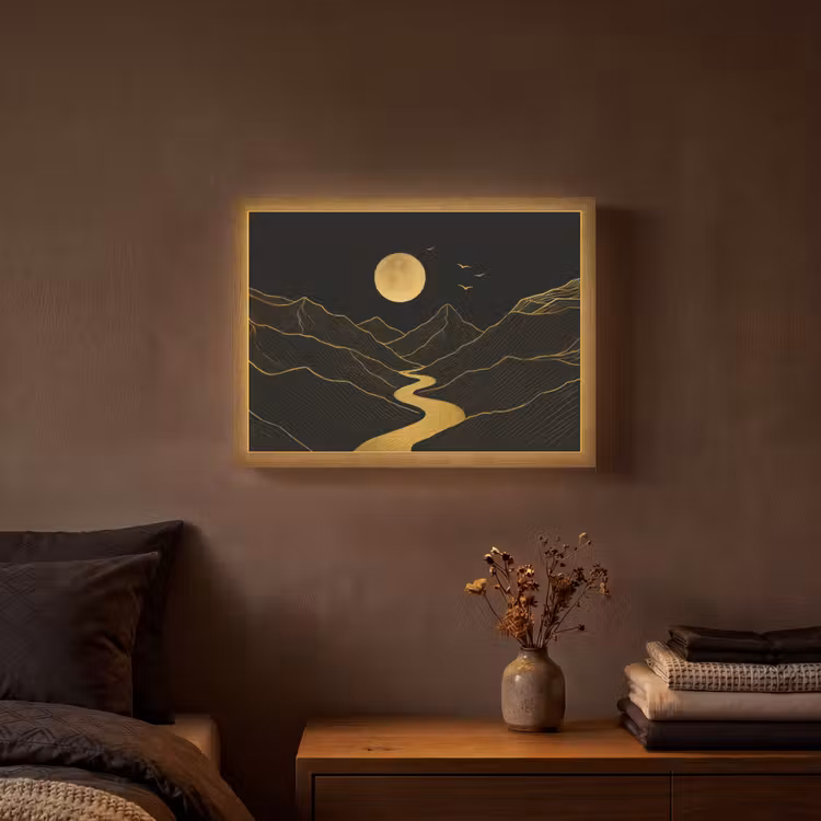 Rivier - Goud - Maan - Vogels Light Box met batterij (Wandlamp) middel -sfeer4