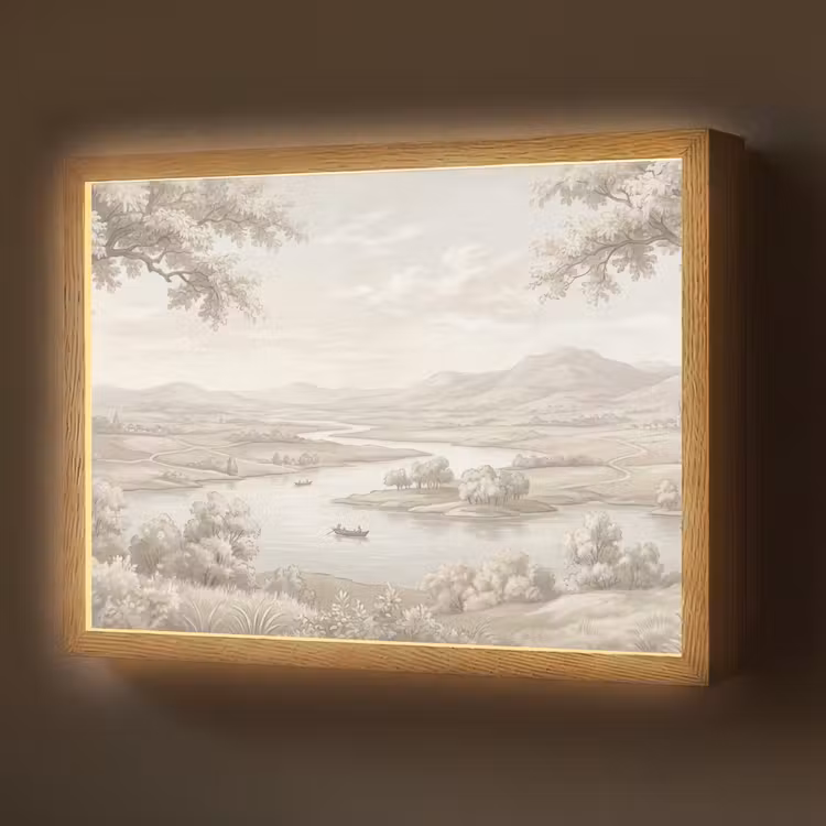 Rivierlandschap - Bergen - Natuur - Vintage - Beige Light Box met batterij (Wandlamp) middel -z3d_website
