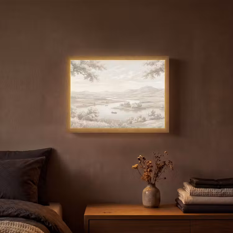 Rivierlandschap - Bergen - Natuur - Vintage - Beige Light Box met batterij (Wandlamp) middel -sfeer4