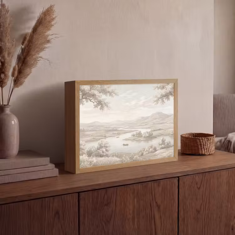 Rivierlandschap - Bergen - Natuur - Vintage - Beige Light Box met batterij (Wandlamp) middel -sfeer2