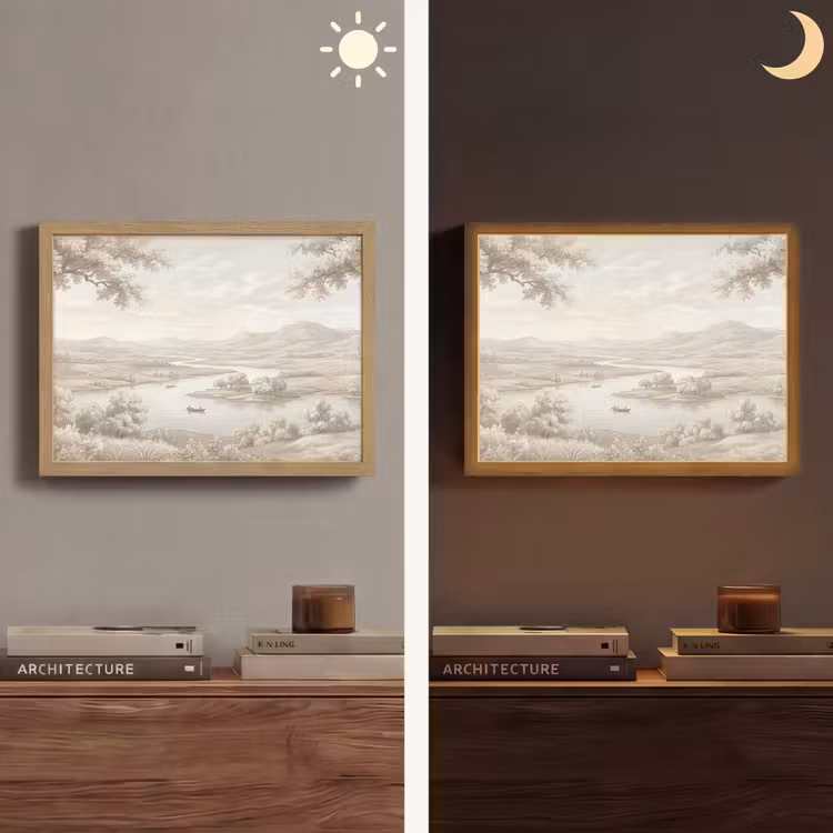 Rivierlandschap - Bergen - Natuur - Vintage - Beige Light Box met batterij (Wandlamp) middel -sfeer3
