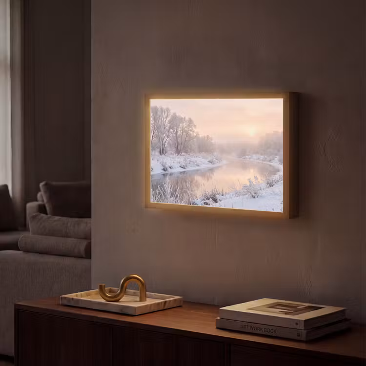 Rivier - Winter - Landschap - Sneeuw - Zonsopgang Light Box met batterij (Wandlamp) middel -sfeer1