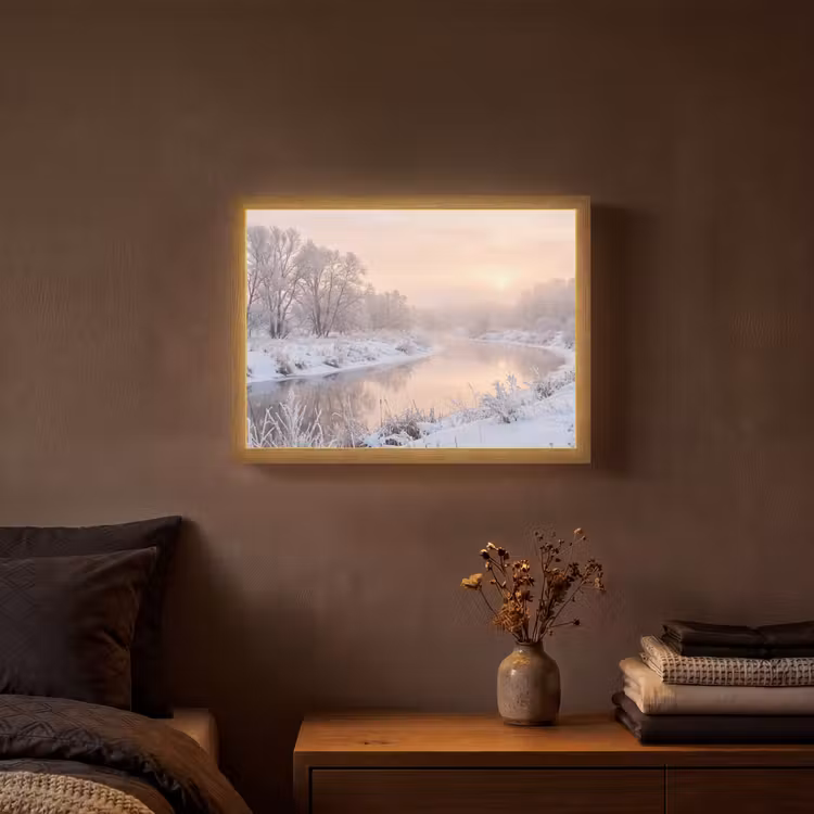 Rivier - Winter - Landschap - Sneeuw - Zonsopgang Light Box met batterij (Wandlamp) middel -sfeer4