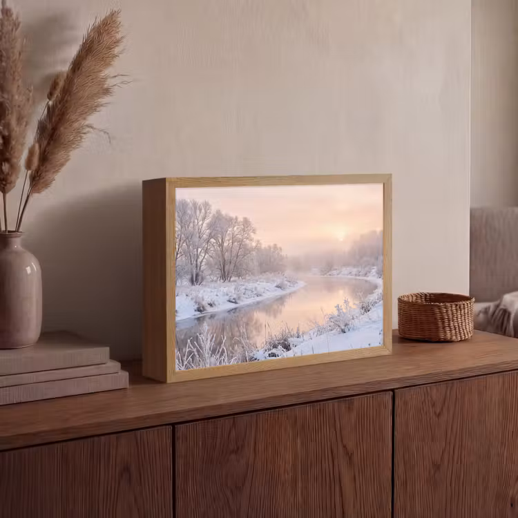 Rivier - Winter - Landschap - Sneeuw - Zonsopgang Light Box met batterij (Wandlamp) middel -sfeer2