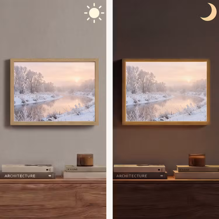 Rivier - Winter - Landschap - Sneeuw - Zonsopgang Light Box met batterij (Wandlamp) middel -sfeer3