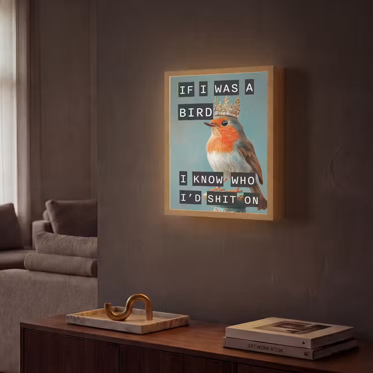 Roodborstje - Vogel - Blauw - Decoratie Light Box met batterij (Wandlamp) middel -sfeer1