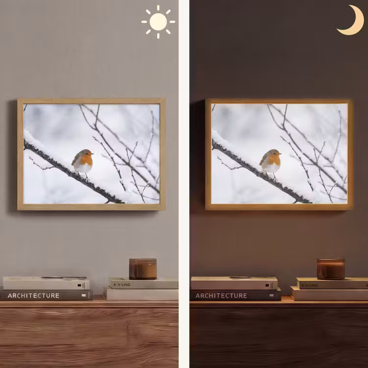 Roodborstje - Tak - Sneeuw - Winter - Levendig Light Box met batterij (Wandlamp) middel -sfeer3