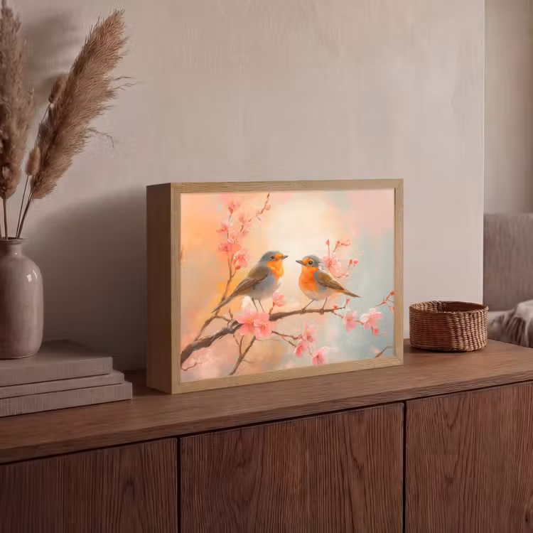 Roodborstjes - Sierlijk - Bloesemtak Light Box met batterij (Wandlamp) middel -sfeer2