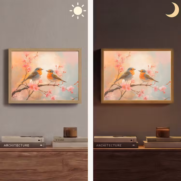 Roodborstjes - Sierlijk - Bloesemtak Light Box met batterij (Wandlamp) middel -sfeer3