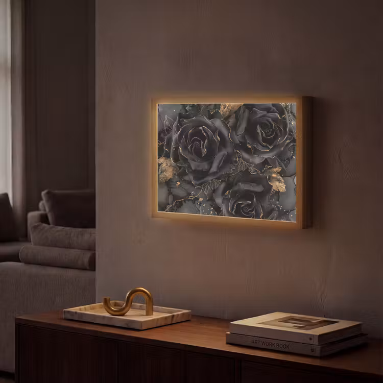 Rozen - Zwart - Bloemen - Goud Light Box met batterij (Wandlamp) middel -sfeer1