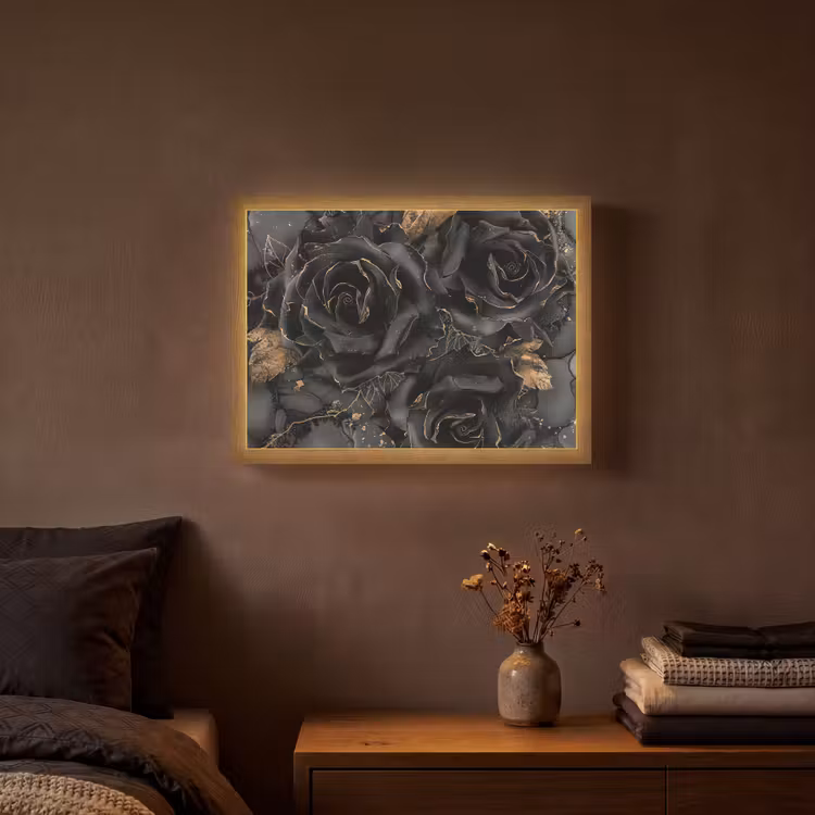 Rozen - Zwart - Bloemen - Goud Light Box met batterij (Wandlamp) middel -sfeer4