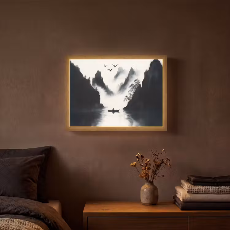 Roeiboot - Mistig - Bergen - Vogels Light Box met batterij (Wandlamp) middel -sfeer4