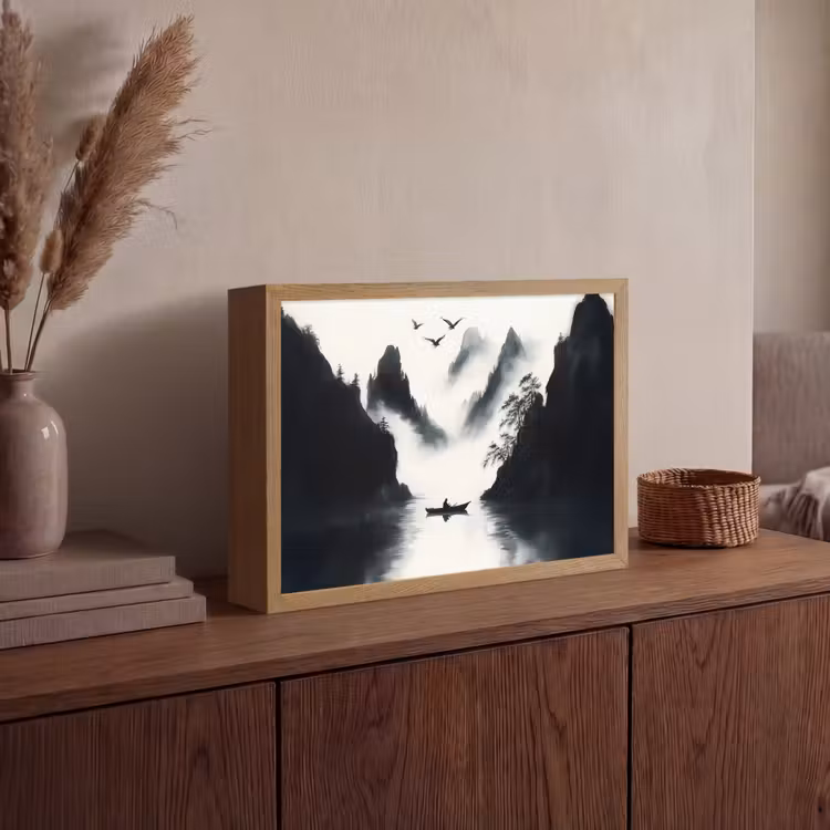 Roeiboot - Mistig - Bergen - Vogels Light Box met batterij (Wandlamp) middel -sfeer2