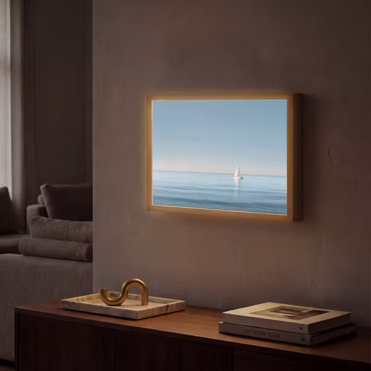 Zeilbootje - Kalme zee - Helderblauwe hemel Light Box met batterij (Wandlamp) middel -sfeer1