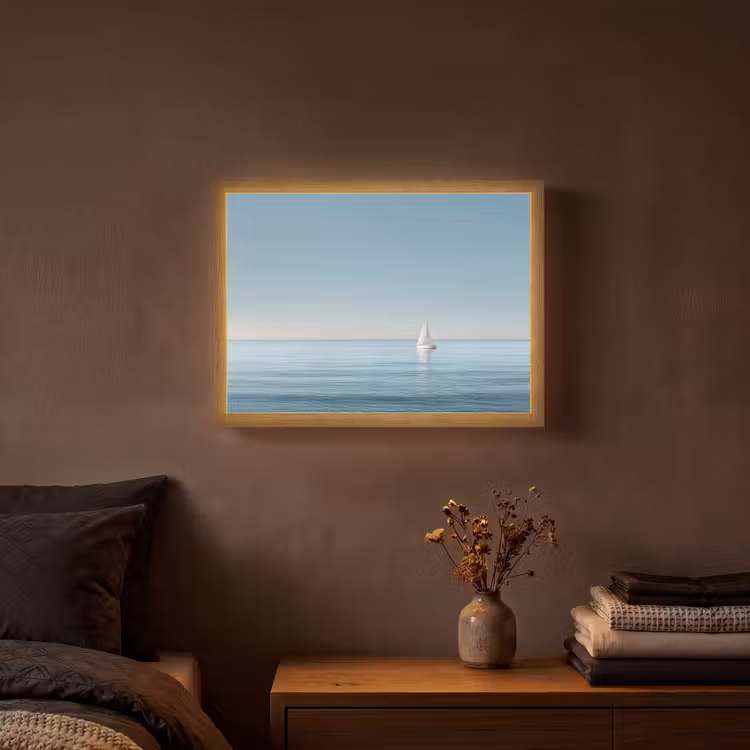Zeilbootje - Kalme zee - Helderblauwe hemel Light Box met batterij (Wandlamp) middel -sfeer4