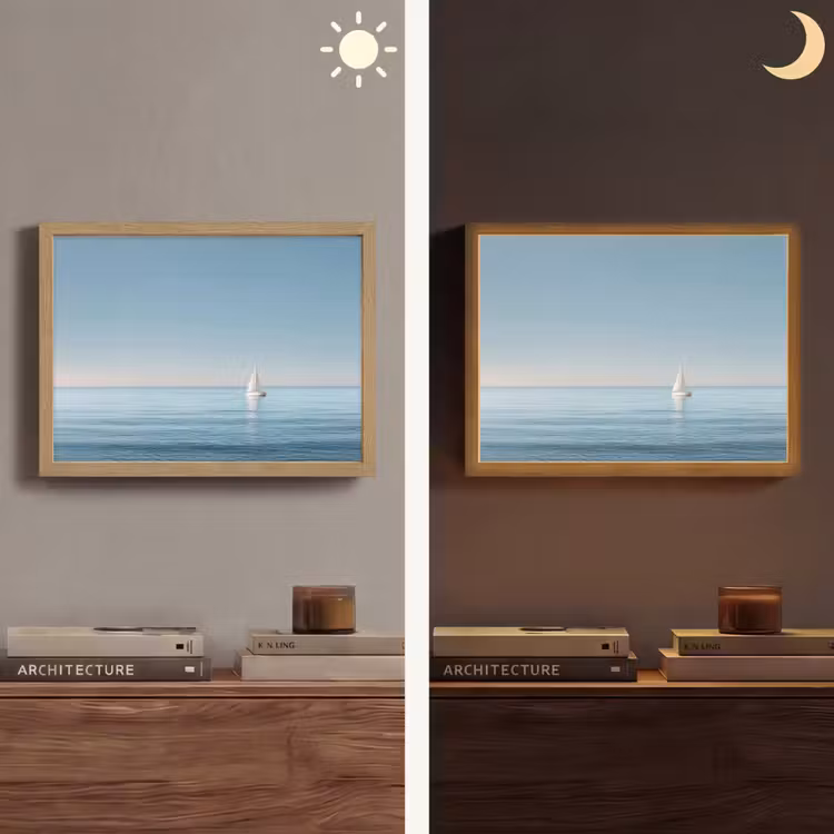 Zeilbootje - Kalme zee - Helderblauwe hemel Light Box met batterij (Wandlamp) middel -sfeer3