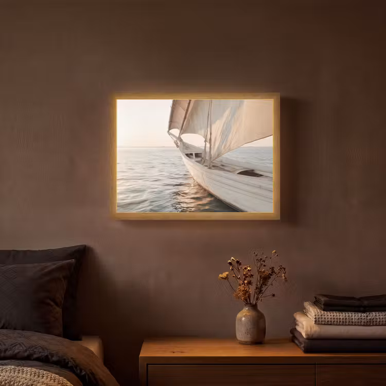 Zeilboot - Zee - Beige - Zon Light Box met batterij (Wandlamp) middel -sfeer4