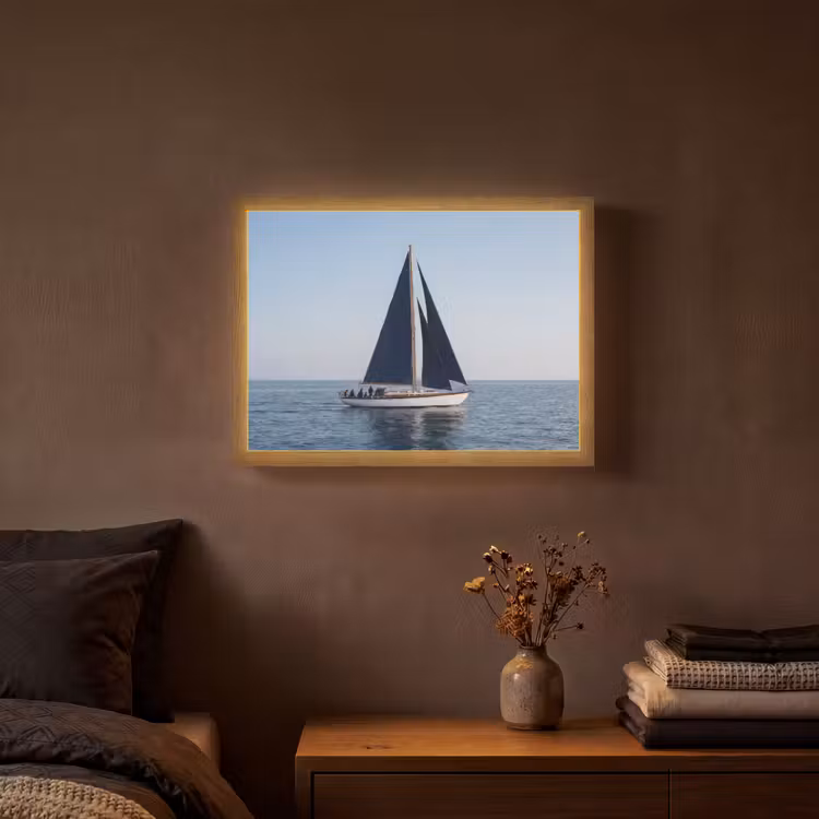 Zeilboot - Zee - Blauw Light Box met batterij (Wandlamp) middel -sfeer4