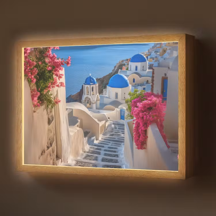 Santorini - Bloemen - Griekenland Light Box met batterij (Wandlamp) middel -z3d_website