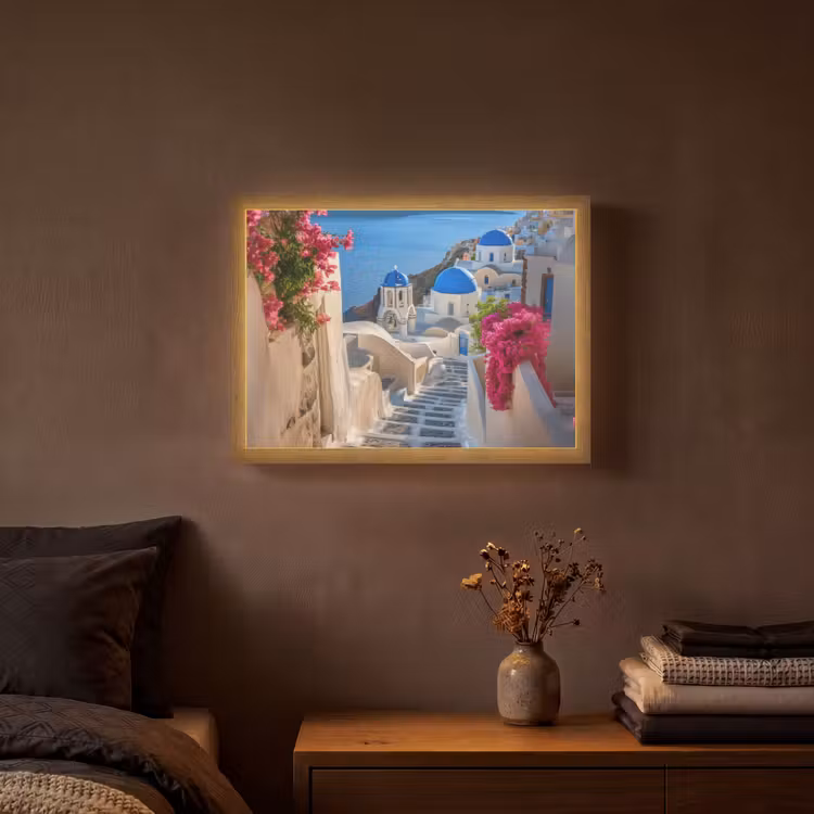 Santorini - Bloemen - Griekenland Light Box met batterij (Wandlamp) middel -sfeer4