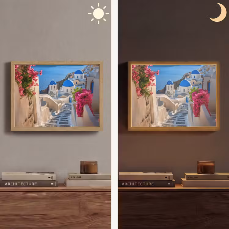 Santorini - Bloemen - Griekenland Light Box met batterij (Wandlamp) middel -sfeer3