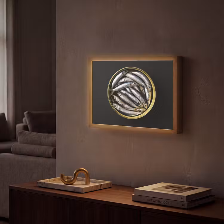 Sardines - Vissen - Rond - Zwart Light Box met batterij (Wandlamp) middel -sfeer1