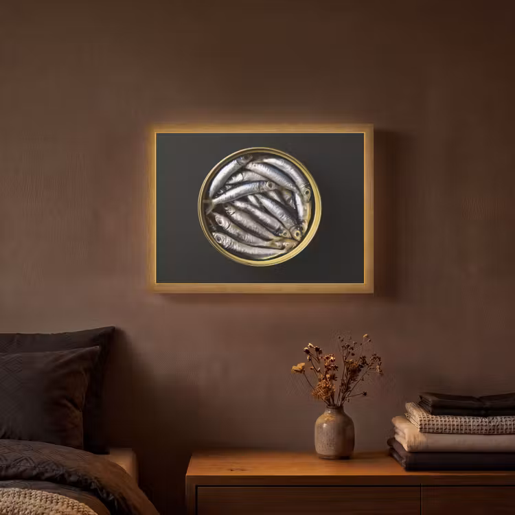 Sardines - Vissen - Rond - Zwart Light Box met batterij (Wandlamp) middel -sfeer4