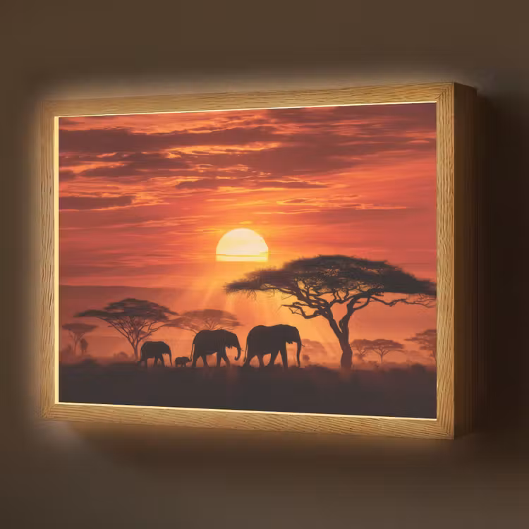 Savanne - Olifanten - Zonsondergang Light Box met batterij (Wandlamp) middel -z3d_website