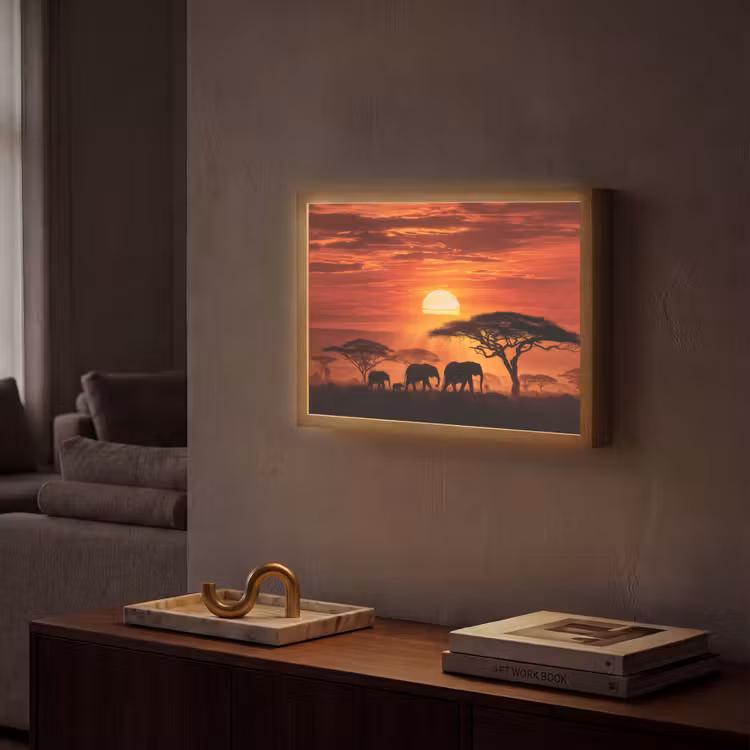 Savanne - Olifanten - Zonsondergang Light Box met batterij (Wandlamp) middel -sfeer1
