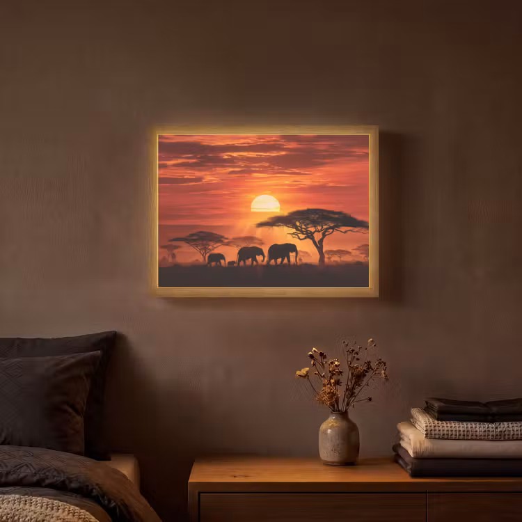 Savanne - Olifanten - Zonsondergang Light Box met batterij (Wandlamp) middel -sfeer4