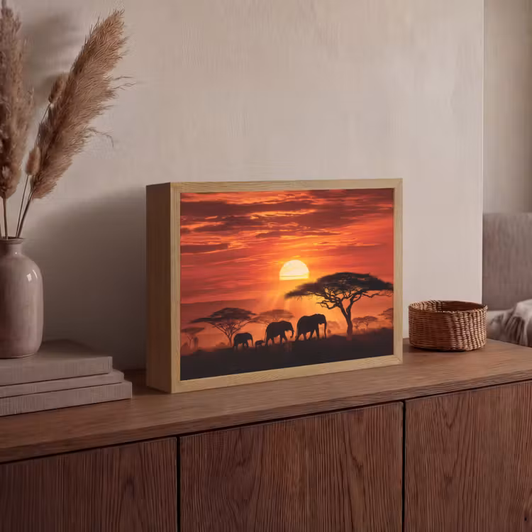 Savanne - Olifanten - Zonsondergang Light Box met batterij (Wandlamp) middel -sfeer2