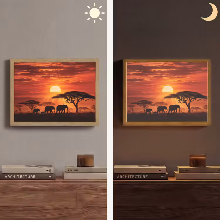 Savanne - Olifanten - Zonsondergang Light Box met batterij (Wandlamp) middel -sfeer3