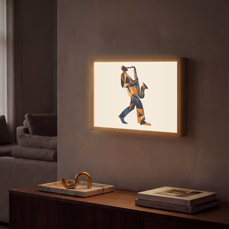 Saxofoon - Abstract - Persoon - Blauw Light Box met batterij (Wandlamp) middel -sfeer1