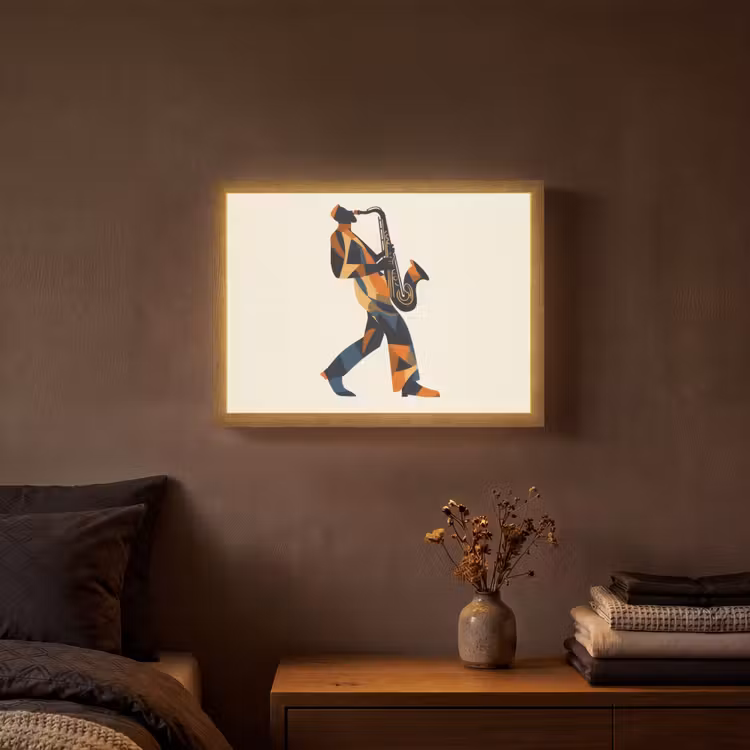 Saxofoon - Abstract - Persoon - Blauw Light Box met batterij (Wandlamp) middel -sfeer4