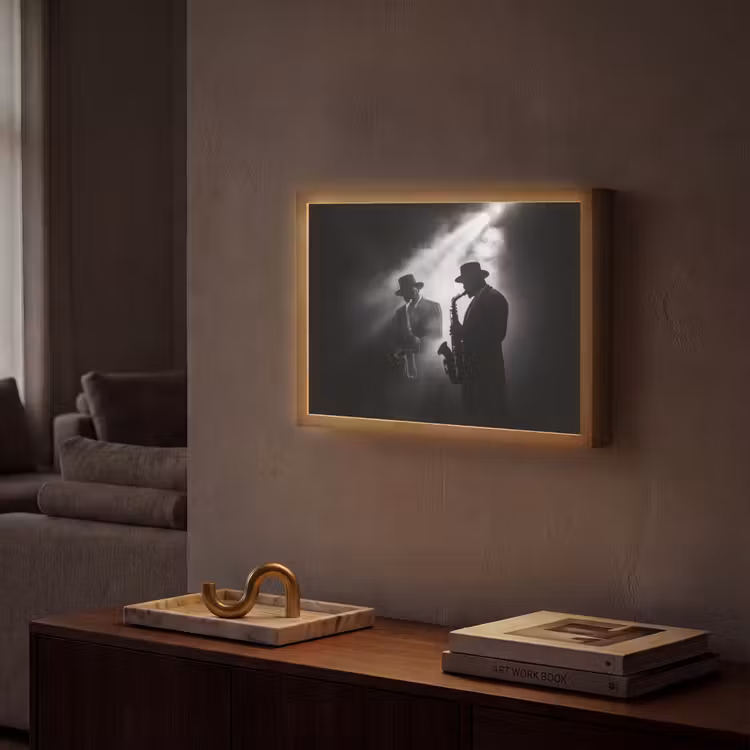 Saxofonisten - Hoeden - Rook - Licht Light Box met batterij (Wandlamp) middel -sfeer1
