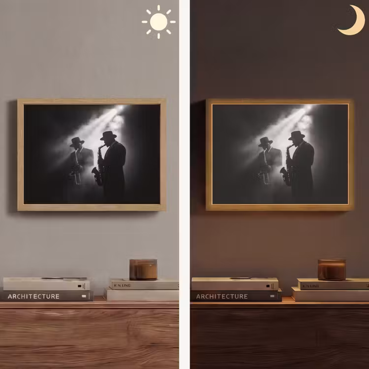 Saxofonisten - Hoeden - Rook - Licht Light Box met batterij (Wandlamp) middel -sfeer3