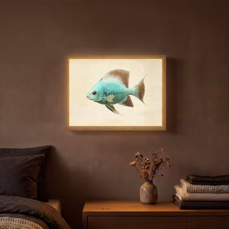 Schubben - Vis - Mint - Minimalistisch Light Box met batterij (Wandlamp) middel -sfeer4