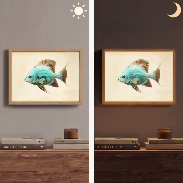 Schubben - Vis - Mint - Minimalistisch Light Box met batterij (Wandlamp) middel -sfeer3