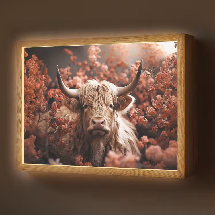 Schotse hooglander - Dier - Natuur - Bloemen - Botanisch Light Box met batterij (Wandlamp) middel -z3d_website