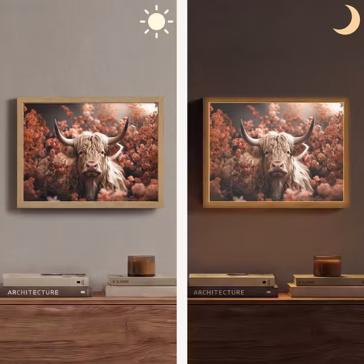 Schotse hooglander - Dier - Natuur - Bloemen - Botanisch Light Box met batterij (Wandlamp) middel -sfeer3