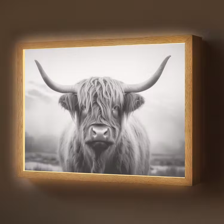 Schotse hooglander - Dieren portret - Zwart - Wit - Dier Light Box met batterij (Wandlamp) middel -z3d_website
