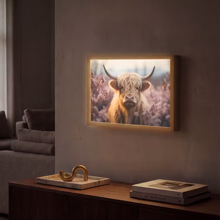 Schotse hooglander - Dieren portret - Bloemen - Dier Light Box met batterij (Wandlamp) middel -sfeer1